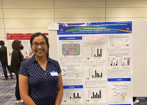 Sam standing in front of a research poster at a conference.